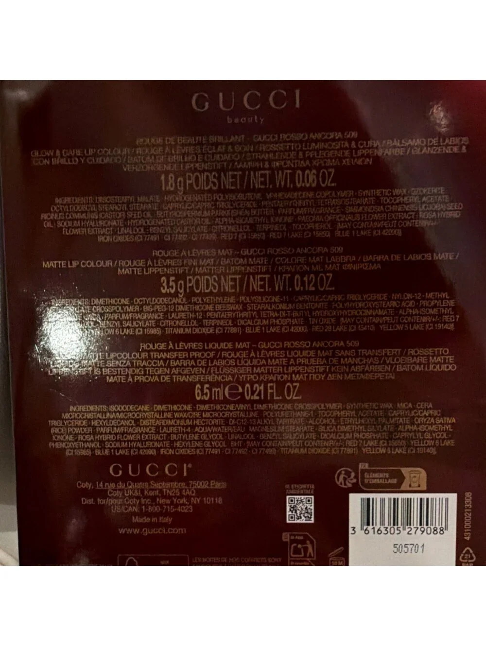 Gucci Beauty Rosso Ancora 509 Lip Set Glow & Care Matte Transfer Proof 505701